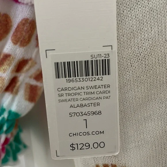 Chico’s Women’s Tropic Trim Cardigan Sweater White/Multi M - Picture 7 of 8
